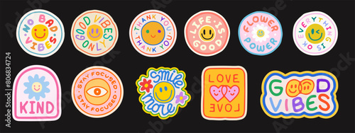 Hand Drawn Groovy Stickers Vector Design. Cool Y2k Doodle Sketched Patches. Set Of Cartoon Badges.