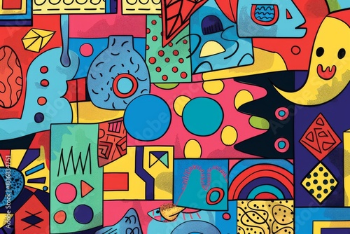 A front cover for a colouring book for toddlers called Shape and Pattern Playground, full of different shapes with various patterns within the shapes