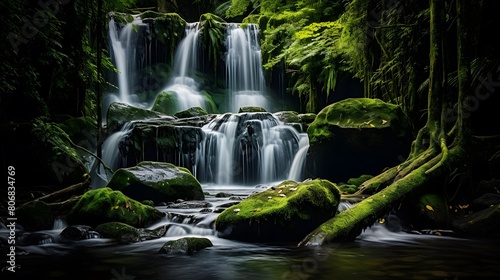 Panoramic view of beautiful waterfall in the forest. Long exposure