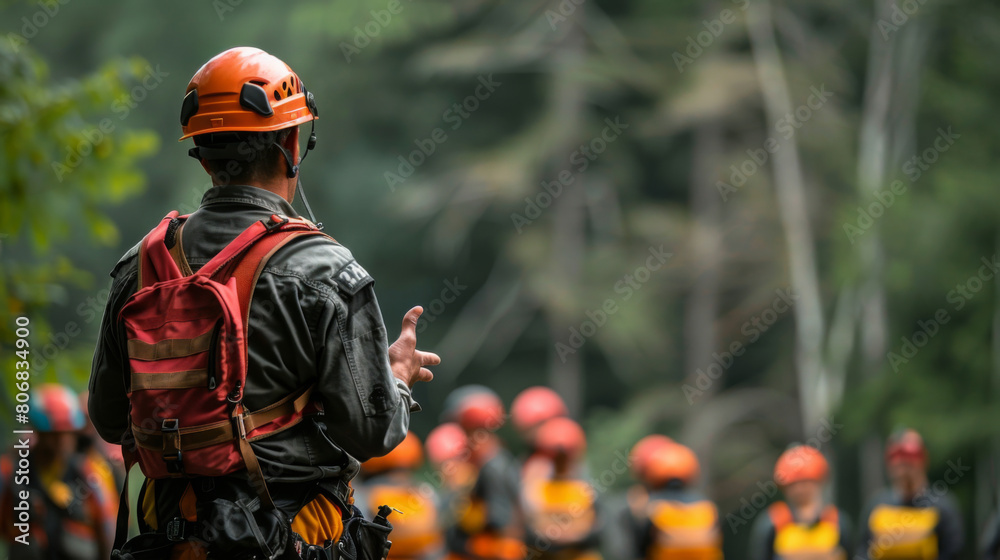 Emergency response instructor addresses team in forest, equipped with safety helmets and gear. Emergency response instructor addresses team in forest, equipped with safety helmets and gear.