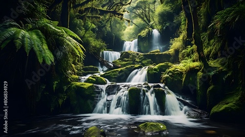 Beautiful waterfall in the rainforest of New Zealand. Panorama