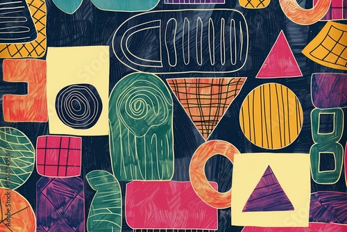 A front cover for a colouring book for toddlers called Shape and Pattern Playground, full of different shapes with various patterns within the shapes