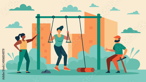 An old swing set is repurposed into a makeshift pilates apparatus with participants utilizing the bars and chains for a challenging backyard workout.. Vector illustration