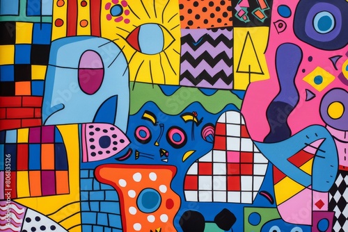 A front cover for a colouring book for toddlers called Shape and Pattern Playground, full of different shapes with various patterns within the shapes