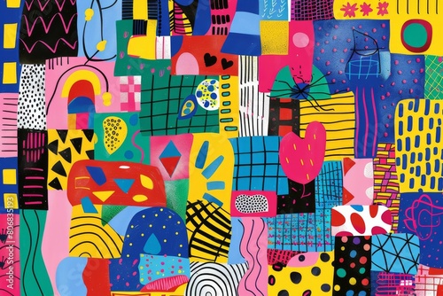 A front cover for a colouring book for toddlers called Shape and Pattern Playground, full of different shapes with various patterns within the shapes