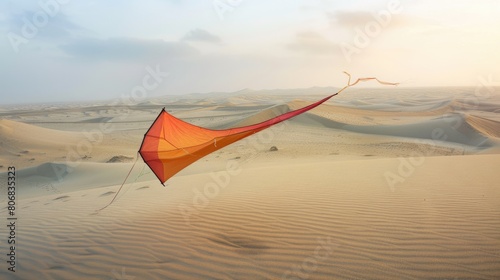 A red kite soars gracefully over a desert landscape in a painting, with cumulus clouds dotting the sky and adding to the atmosphere of heat and wind AIG50 photo