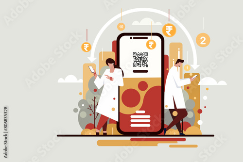 Illustration of two people transacting  Indian Rupee through mobile phone photo