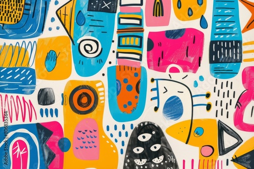 A front cover for a colouring book for toddlers called Shape and Pattern Playground, full of different shapes with various patterns within the shapes