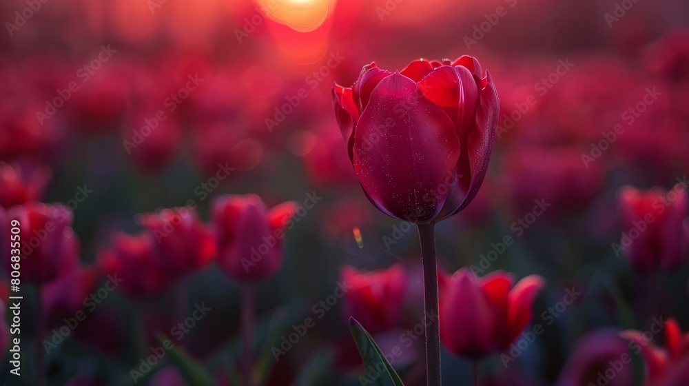 Obraz premium A large field of red tulips with the sun setting behind