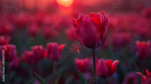  A large field of red tulips with the sun setting behind