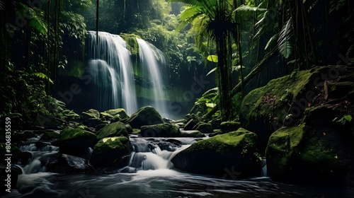 Panoramic shot of a waterfall in a rainforest  Indonesia