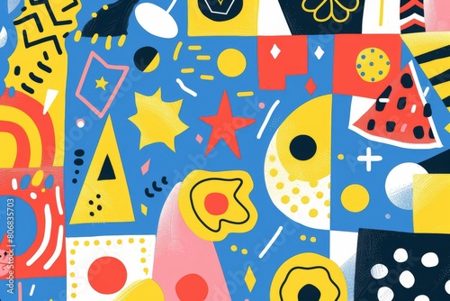 A front cover for a colouring book for toddlers called Shape and Pattern Playground, full of different shapes with various patterns within the shapes