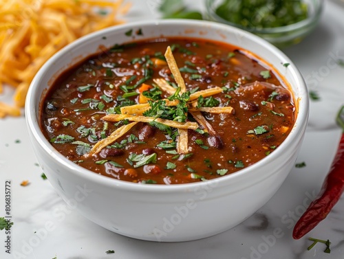 Mexican Sopa Tarasca with bean soup, pasilla chili, and tortilla strips photo