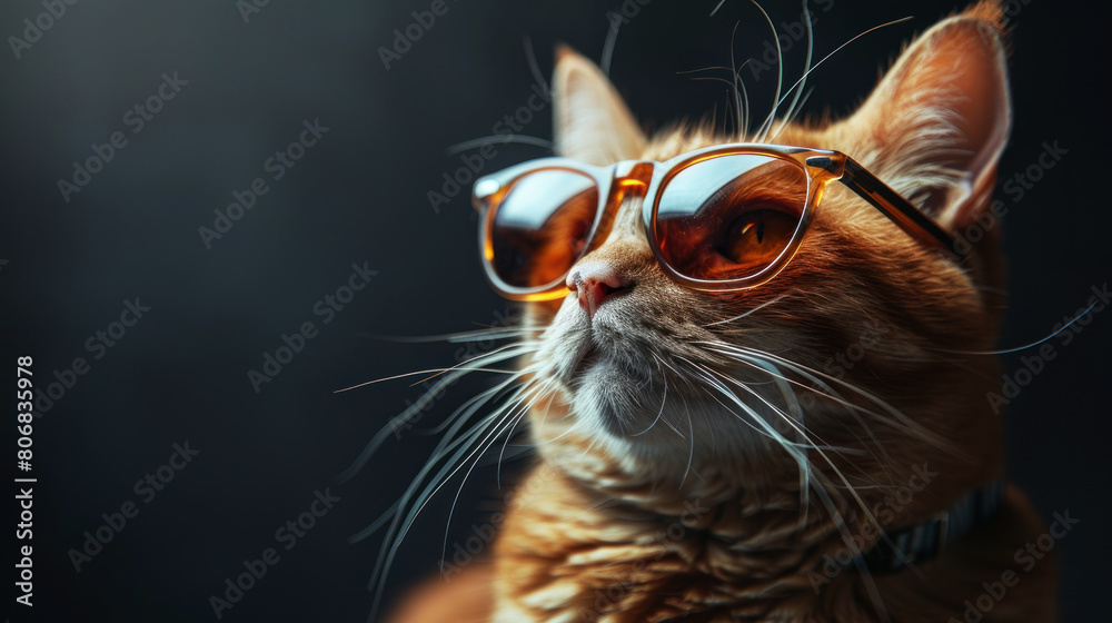 Cat wearing glasses on a black background. Banner with copy space