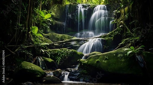 Panoramic view of waterfall in tropical rainforest  Thailand.