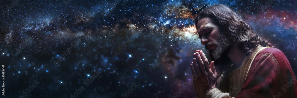 Jesus Christ praying with the Milky Way Galaxy stars in the night sky background banner Jesus Christ praying with the Milky Way Galaxy stars in the night sky background banner