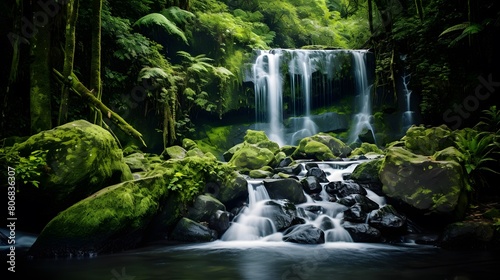 Beautiful waterfall in the forest. Panoramic view of a waterfall.