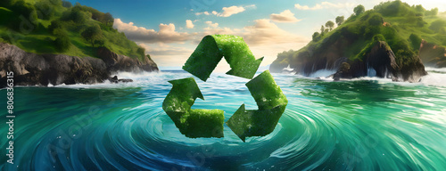 A symbol of ecological sustainability, the green recycling logo swirls in ocean waves. This icon of environmental care floats amidst natural scenery, urging preservation.