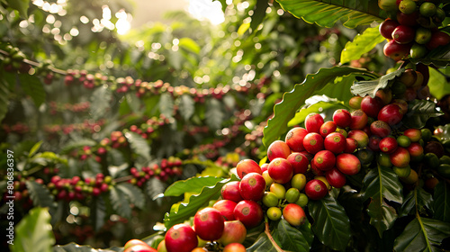 Lots of Coffee Fruit Trees with Red Ripe Fruit in the PlantatioLots of Coffee Frun, Bountiful Harvest of Coffee Cherries, Agricultural Scene in Coffee Farm, Ripe Coffee Beans on Trees, Generative AI

