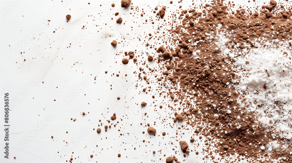 Crushed beige face powder on a white background with copy space