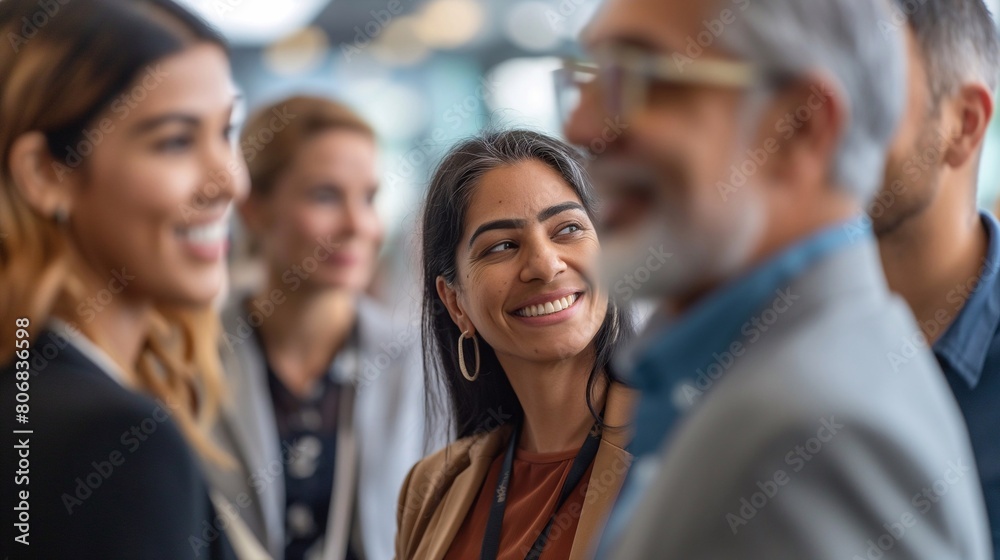 close-up of diverse team of executives talking among in modern office, happy faces. generative AI close-up of diverse team of executives talking among in modern office, happy faces. generative AI