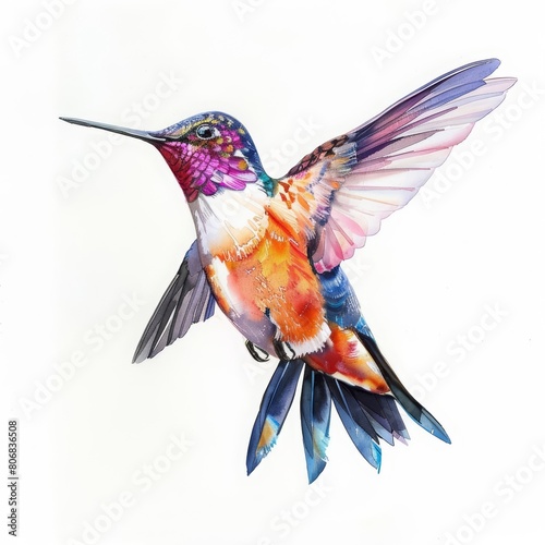A tiny watercolor of a hummingbird in flight, isolated white background © Watercolor_Kawaii