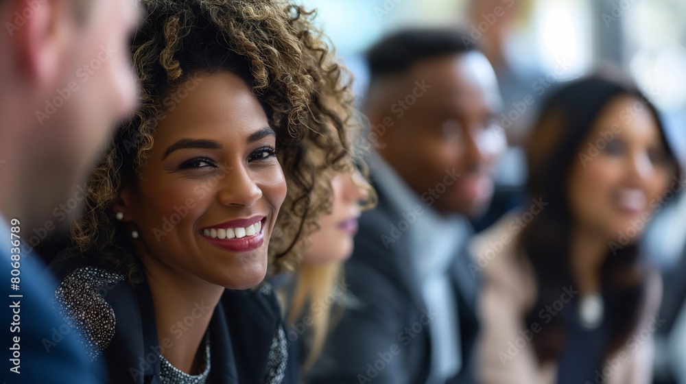 close-up of diverse team of executives talking among in modern office, happy faces. generative AI close-up of diverse team of executives talking among in modern office, happy faces. generative AI