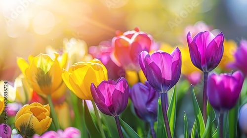   A field filled with vibrant tulips under the sun s glowing backdrop  sunbeams filtering through their leaves