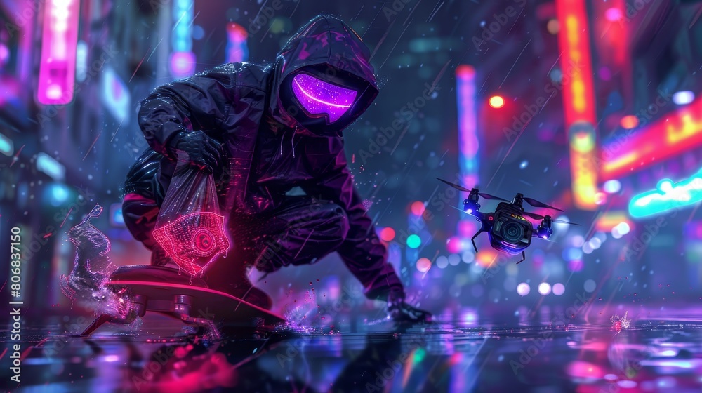 A masked hacker in sleek cyber gear, evading drones on a hoverboard, holding a holographic bag of digital coins, neon reflections on wet streets