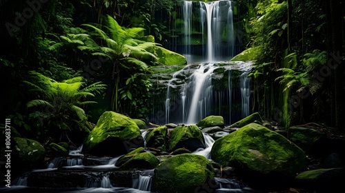 Panoramic image of a waterfall in a green forest. Long exposure