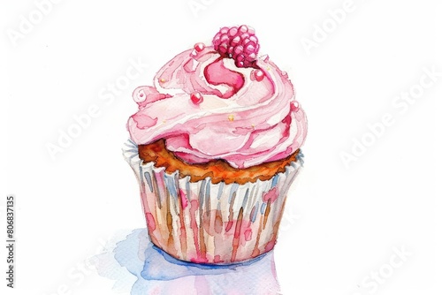 A tiny watercolor of a dainty cupcake with sparkling frosting, tempting and sweet isolated with a white background