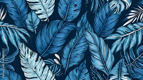 Tropical exotic blue leaves seamless pattern, glamorous digital art background design, hand drawn style fabric vintage illustration