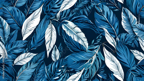Tropical exotic blue leaves seamless pattern  glamorous digital art background design  hand drawn style fabric vintage illustration