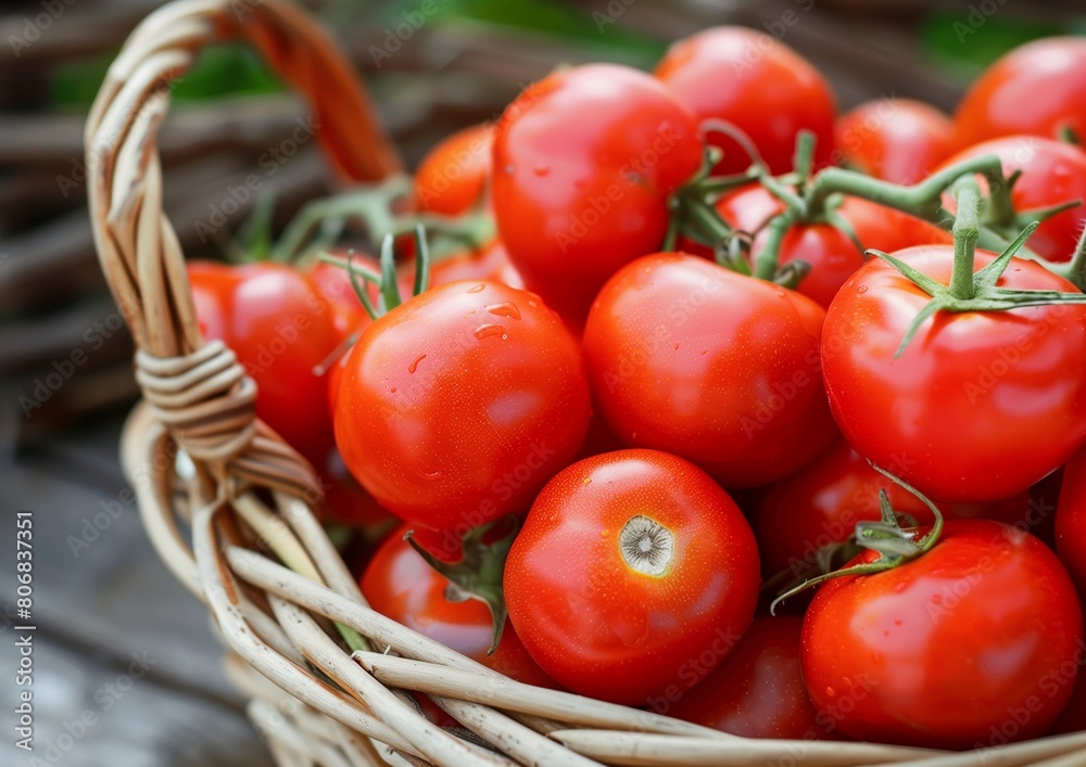 Fresh Ripe Tomatoes in a Wicker Basket on Wooden Background