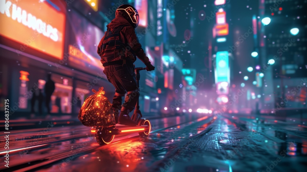 A sleek cyberpunk thief with a neon-lit hoverboard, gliding past virtual billboards, bag of digital coins glowing like a galaxy, electric grid backdrop A sleek cyberpunk thief with a neon-lit hoverboard, gliding past virtual billboards, bag of digital coins glowing like a galaxy, electric grid backdrop