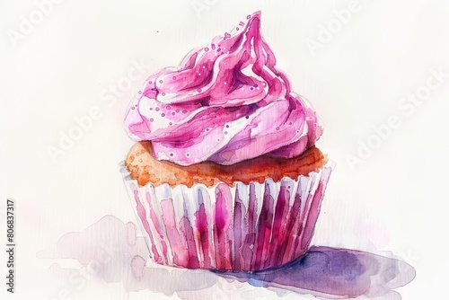 A tiny watercolor of a dainty cupcake with sparkling frosting, tempting and sweet isolated with a white background