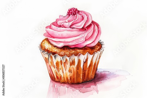 A tiny watercolor of a dainty cupcake with sparkling frosting, tempting and sweet isolated with a white background