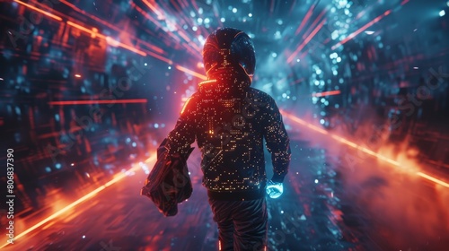 Stealthy cyber rogue in a light-up jacket, escaping on a hoverboard with a holographic bag of digital coins, glowing data streams surrounding photo