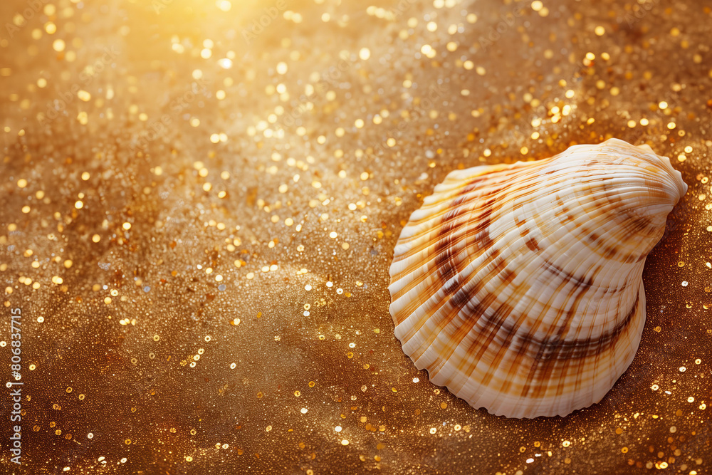 Beautiful sea shell on a gold sand glittering background with copy space, in a top view. A summer vacation concept. Beautiful sea shell on a gold sand glittering background with copy space, in a top view. A summer vacation concept.