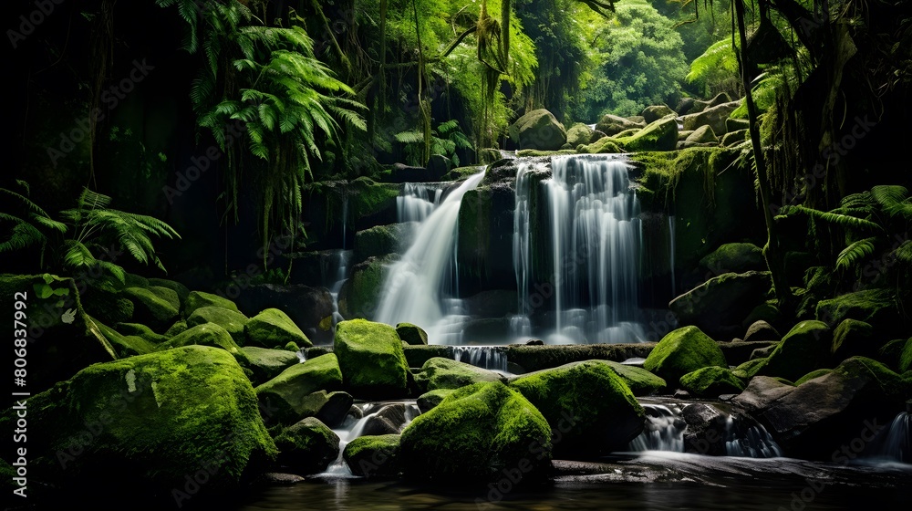 Panoramic view of beautiful waterfall in deep tropical forest. Nature background