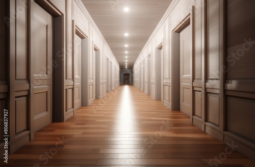 the corridor of a hotel room, a closet stands, offering a convenient storage solution for guests during their stay.