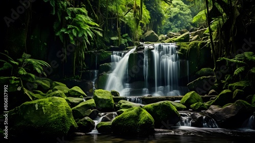 Panoramic view of beautiful waterfall in deep tropical forest. Nature background