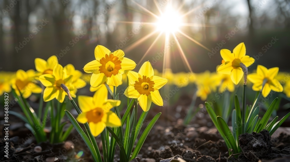 Obraz premium A field filled with yellow daffodils Sun shines through the background trees