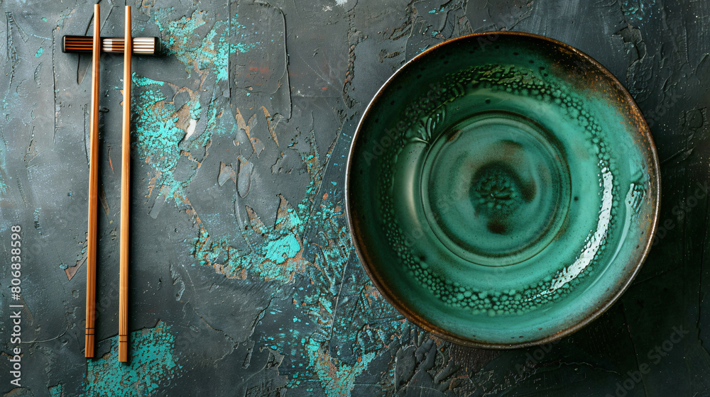 Elegant green ceramic tableware with chopsticks