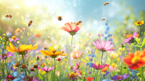 Bees flying over colorful wildflowers in a sunny meadow © Cozy Art
