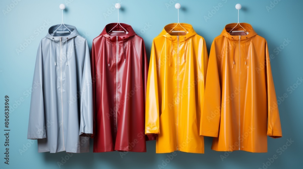 A colorful row of raincoats hanging on a vibrant blue wall A colorful row of raincoats hanging on a vibrant blue wall