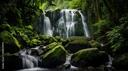 Beautiful waterfall in the green forest. Panoramic image.