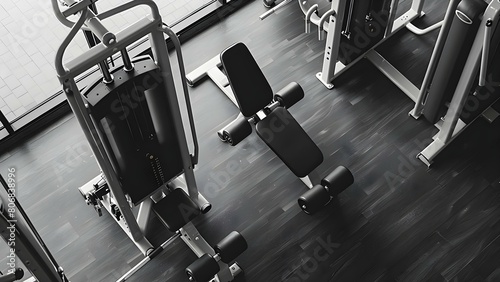 Black and white gym equipment image with copy space top view. Concept Gym Equipment, Black and White, Top View, Copy Space, Fitness photo