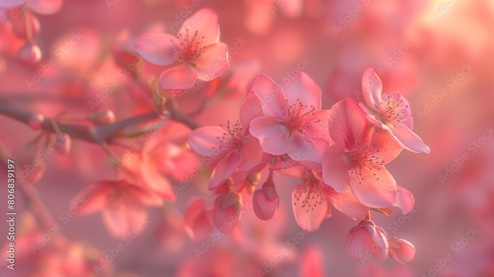   A tree branch is adorned with a multitude of pink blossoms, appearing hazy and radiantly lit in the image