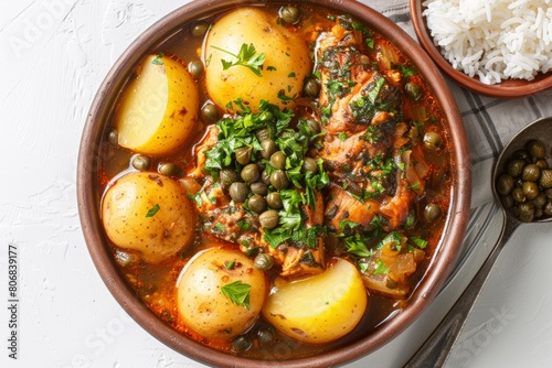Colombian Ajiaco with chicken, three types of potatoes, and capers photo